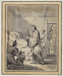 Mann auf seinem Sterbebett mit Priester und anderen