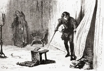 Szene aus William Shakespeares Stück Hamlet, Akt III, Szene 4, Hamlet: Du elender, ungestümer, eindringender Narr, leb wohl! Ich hielt dich für besser, aus Die Werke von William Shakespeare, veröffentlicht 1896