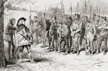 Szene aus William Shakespeares Stück König Heinrich IV., Teil 1, Akt IV, Szene 2, Falstaffs zerlumpte Regiment, aus Die Werke von William Shakespeare, veröffentlicht 1896