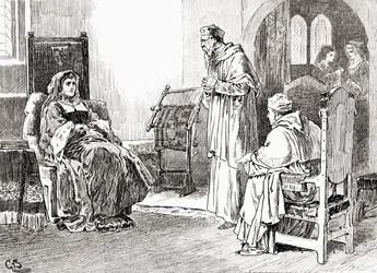 Szene aus William Shakespeares Stück König Heinrich VIII., Akt III, Szene 1, Königin Katharina: Tut, was ihr wollt, meine Herren, und verzeiht mir, wenn ich mich unhöflich benommen habe, aus Die Werke von William Shakespeare, veröffentlicht 1896