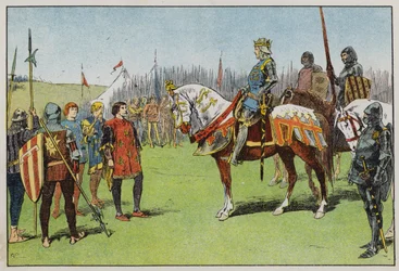 Heinrich V. vor der Schlacht von Agincourt (Farblithografie)