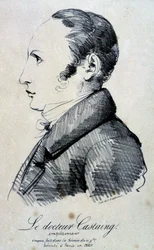 Porträt von Dr. Castaing, Giftmörder. Er benutzte Morphinsalz, Hydrochlorid, um seinen Freund Hippolyte Ballet im Jahr 1823 zu töten. Es wurde 1824 in Paris ausgeführt. Lithographie von Engelmann nach einer Skizze aus der Sitzung vom 11. November.