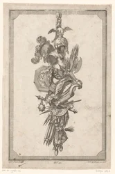 Trophäe mit Helmen und Rüstung