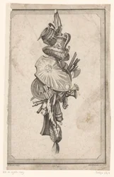 Trophäe mit Vasen und Schild