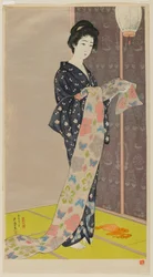 Frau in einem Sommer-Kimono (Kaso no musume) Taisho-Ära, August 1920 (Farbholzschnitt)
