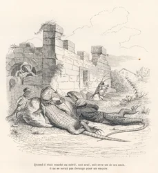 Eidechse raucht in der Sonne mit einem ihrer Freunde. Illustrierte Vignetten von JJ Granville. Gravur signiert Andrew, Best und Leloir im Teil "Erinnerungen einer alten Krähe" geschrieben von PJ Stahl in "Szenen aus dem privaten und öffentlichen Leben der 