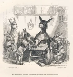 Esel in der Schule. Vignetten illustriert von JJ Granville. Gravur signiert Caque in dem Teil "Eselführer für Tiere, die zu Ehren gelangen wollen" geschrieben von Honore De Balzac in "Szenen aus dem privaten und öffentlichen Leben der Tiere". Paris