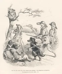 Tiere als Jäger. Illustrierte Vignetten von JJ Granville. Gravur signiert Andrew, Best und Leloir im Teil "Erinnerungen einer alten Krähe" geschrieben von PJ Stahl in "Szenen aus dem privaten und öffentlichen Leben der Tiere". Paris, J. Hetzel et Paulin