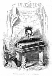 Karikatur: Chrysalid eines Gelehrten, der in den Büchern einer Bibliothek begraben ist - Grandville-Gravur, aus dem Buch Privat- und öffentliches Leben der Tiere, Hetzel-Ausgabe 1867