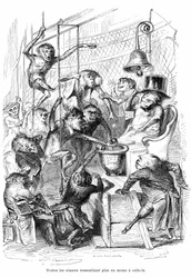 Karikatur: Die Abgeordnetenkammer als Affenpalast - Gravur von Grandville, aus dem Buch Privat- und öffentliches Leben der Tiere, Hetzel-Ausgabe 1867