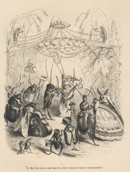 Insektenkonzert auf einem Ball. Vignetten illustriert von JJ Granville. Gravur signiert Godard im Teil "Die Abenteuer eines Schmetterlings" geschrieben von PJ Stahl in "Szenen aus dem privaten und öffentlichen Leben der Tiere". Paris, J. Hetzel und Paulin