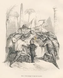 Krokodile um einen Tisch in Ägypten. Gravur signiert Andrew, Best und Leloir in "Memoires d