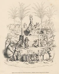 Politische Rede des Löwen auf einer Tribüne, umgeben von allen anderen Tieren. Vignetten illustriert von JJ Granville. Gravur signiert von Godard im Prolog "Parlamentarische Zusammenfassung" geschrieben von PJ Stahl in "Szenen aus dem privaten und öffentli