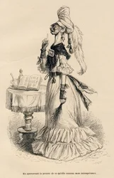 Beim Anblick des Beweises dessen, was sie meine Unmäßigkeit nannte. Von J. J. Grandville illustrierte Vignetten. Von Caqué signierter Stich im Teil mit dem Titel „Herzensqualen einer englischen Katze“, geschrieben von Honoré de Balzac, in „Szenen aus dem