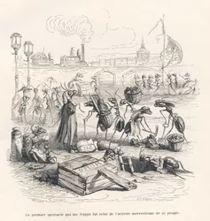 Ameisen in voller Aktivität an den Ufern der Seine. Vignetten illustriert von JJ Granville. Gravur signiert von Porret im Teil "Reise eines Spatzen aus Paris" geschrieben von George Sand in "Szenen aus dem privaten und öffentlichen Leben der Tiere". Paris,