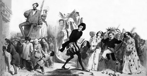 Französische romantische Schriftsteller (Alfred de Vigny, Victor Hugo, Alexandre Dumas der Ältere, Honoré de Balzac) wollen in die Französische Akademie eintreten, aber die Türen sind verschlossen, Gravur