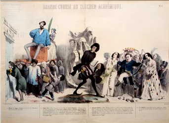 Großes Rennen zum akademischen Glockenturm. Die Schriftsteller Alfred de Vigny (1797-1863), Eugene Sue (1804-1857), Alexandre Dumas (1802-1870) und Honore de Balzac (1799-1850) sind erkennbar. Gravur von Gerard Grandville (1803-1847)