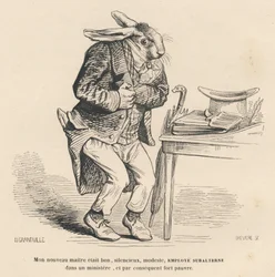Kaninchen als untergeordneter Angestellter in einem Ministerium. Illustrierte Vignetten von JJ Granville. Gravur signiert Breviere im Teil "Geschichte eines Hasen" geschrieben von PJ Stahl in "Szenen aus dem privaten und öffentlichen Leben der Tiere". Pari