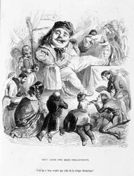 Verspottung der Macht eines dramatischen Kritikers. Karikatur in „Jérôme Paturot auf der Suche nach einer sozialen Position“ von Louis Reybaud