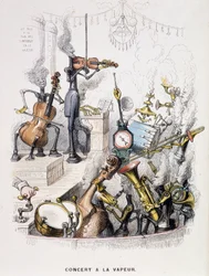 Musiker verwandelt in Maschinen und geben ein „Dampfkonzert“ - in „Eine andere Welt“ von Grandville, Ende des 19. Jahrhunderts