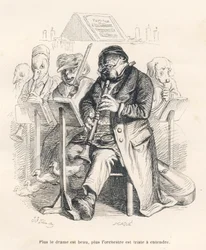 Orchester mit einem Hund, der Flöte spielt, mit Küken, die aus dem Musikinstrument kommen. Vignetten illustriert von JJ Granville. Gravur signiert von Caque im Teil "Das erste Feuilleton von Pistolet" geschrieben von Jules Janin in "Szenen aus dem..."