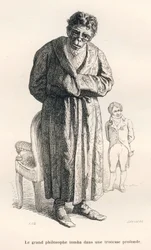 Philosophischer Affe. Von J. J. Grandville illustrierte Vignetten. Von Brevière signierter Stich in dem Abschnitt mit dem Titel „Eselsführer für Tiere, die zu Ehren gelangen wollen“, geschrieben von Honoré de Balzac in „Szenen aus dem Privatleben und