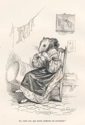 Maus repariert eine Socke. Vignetten illustriert von JJ Granville. Gravur signiert Andrew, Best und Leloir in dem Teil "Der philosophische Ratte" geschrieben von Edouard Lemoine in "Szenen aus dem privaten und öffentlichen Leben der Tiere". Paris, J. Hetze