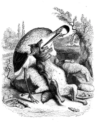 Der Wolf und der Storch: La Fontaine-Fabel illustriert von Grandville. Ausgabe Garnier 1860. Der Storch wird als Arzt dargestellt (schlechte Belohnung für seine Hingabe!).