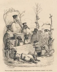 Gericht, bestehend aus einem Storch und anderen Vögeln, einem Maulwurf und einer Eidechse, um den Schuldigen am Mord an der Kröte zu entlarven. Vignetten, illustriert von J. J. Granville. Von Andrew, Best und Leloir signierter Stich in dem Abschnitt mit