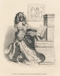 Ein am Klavier singender Hund. Von J. J. Grandville illustrierte Vignetten. Von Andrew, Best und Leloir signierter Stich in dem Abschnitt mit dem Titel „Peines de cour d