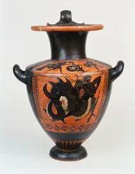 Eine attische schwarzfigurige Hydria, die Athena und Herakles im Kampf darstellt, und darunter Herakles im Kampf mit Nereos, ca. 520 v. Chr.