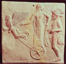 Aphrodite und Hermes auf einem von Eros und Psyche gezogenen Wagen, 470 v. Chr.