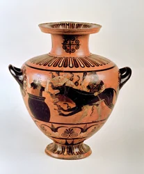 Archaische ionische Hydria, die Herakles zeigt, wie er Kerberos zu Eurystheus bringt, aus Cerveteri, ca. 530 v. Chr.
