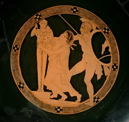 Attische rotfigurige Schale, die Kassandra zeigt, die von Ajax verfolgt wird und Zuflucht bei einem Xoanon von Athena sucht, ca. 430 v. Chr.