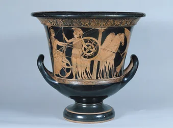 Attisch rotfiguriger Kalyx-Krater, der einen Hopliten zeigt, der in den Krieg zieht