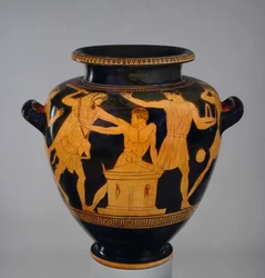 Attische rotfigurige Stamnos, dekoriert mit Herakles und Busiris, dem König von Ägypten, von einem späten Nachfolger des Berliner Malers, aus Vulci, ca. 470-460 v. Chr.