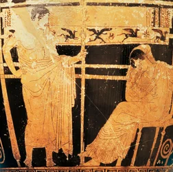 Attischer Skyphos des Telemachos-Malers mit der Darstellung von Penelope und Telemachos