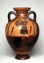 Schwarzfigurige Vase, die Athena zeigt, wie sie einen Schild und einen Speer schwingt, 550 v. Chr. (Keramik)