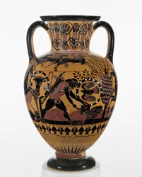 Chalkidische schwarzfigurige Halsamphora mit Odysseus, der einen Thraker tötet, ca. 540 v. Chr.