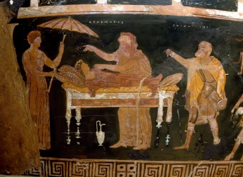 Griechische Kunst: Vase von Arhemore: das Begräbnis von Arhemore (Opheltes), Gemälde des Malers von Darius, aus Ruvo, 4. Jahrhundert v. Chr.