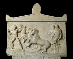 Griechische Kunst: Relief gewidmet Hermes und den Nymphen: das Quadriga von Echelos entführt Basil. 420-410 v. Chr. Athen, Nationalmuseum für Archäologie
