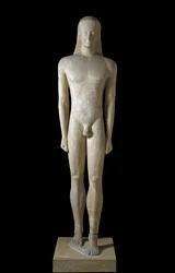 Griechische Kunst: Statue des Kouros, Skulptur eines jungen Mannes der archaischen Periode (650-500 v. Chr.), 530-520 v. Chr., von Melos, Dim. 1,94 m - Athen, Nationalmuseum für Archäologie