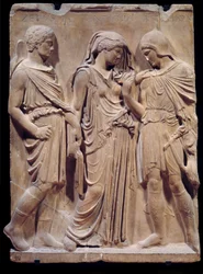 Griechische Antike: der Abschied von Orpheus von Eurydike, die Hermes zurück in die Unterwelt bringt. Die Inschrift mit den Namen Zethus, Antiope und Amphion stammt aus der Renaissance. Niedriges Marmorrelief. 480-323 v. Chr.