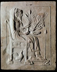 Griechische Kunst: Votivtafel aus Terrakotta mit Persephone auf dem Thron und Hades, aus Lokroi. 470 v. Chr. Reggio Calabria, Nationalmuseum