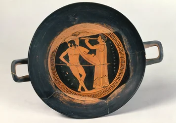Griechischer rotfiguriger Becher, Darstellung eines tanzenden Kriegers, von Aristeides dem Älteren