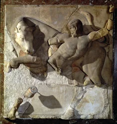Herkules im Kampf mit dem kretischen Stier, eine aus einer Serie von zwölf Metopen mit Darstellungen der Arbeiten des Herkules vom Zeustempel in Olympia, frühklassische Periode, ca. 470-457 v. Chr.