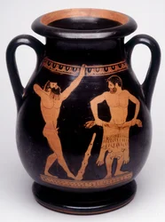 Vasenmalerei: Herakles (Herkules) bereitet sich darauf vor, das Löwenfell anzulegen, ein Athlet zu seiner Linken wärmt sich auf. 490 v. Chr. BNF, Münzkabinett.