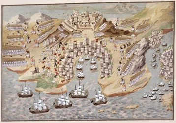 Vogelperspektive auf Westgriechenland, zentriert auf Vonitsa, aus der Bildgeschichte des griechischen Unabhängigkeitskrieges