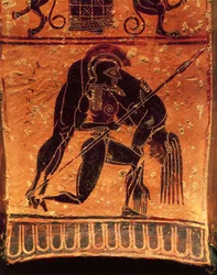 Schwarzfigurige Keramik, François-Vase, attischer Volutenkrater signiert vom Töpfer Ergotimos und dem Maler Kleitias, Detail, Ajax Telamon trägt den toten Körper von Achilles, 570-560 v. Chr.
