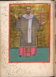 Egerton 2392, f.5v, Miniatur eines stehenden Johannes Chrysostomus, der ein Buch hält, aus 